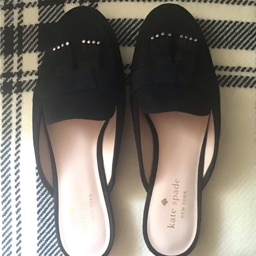 Kate Spade Black Suede Leather Berkeley Slide Mules Gold studded Tassels Size 7B - Picture 6 of 11
